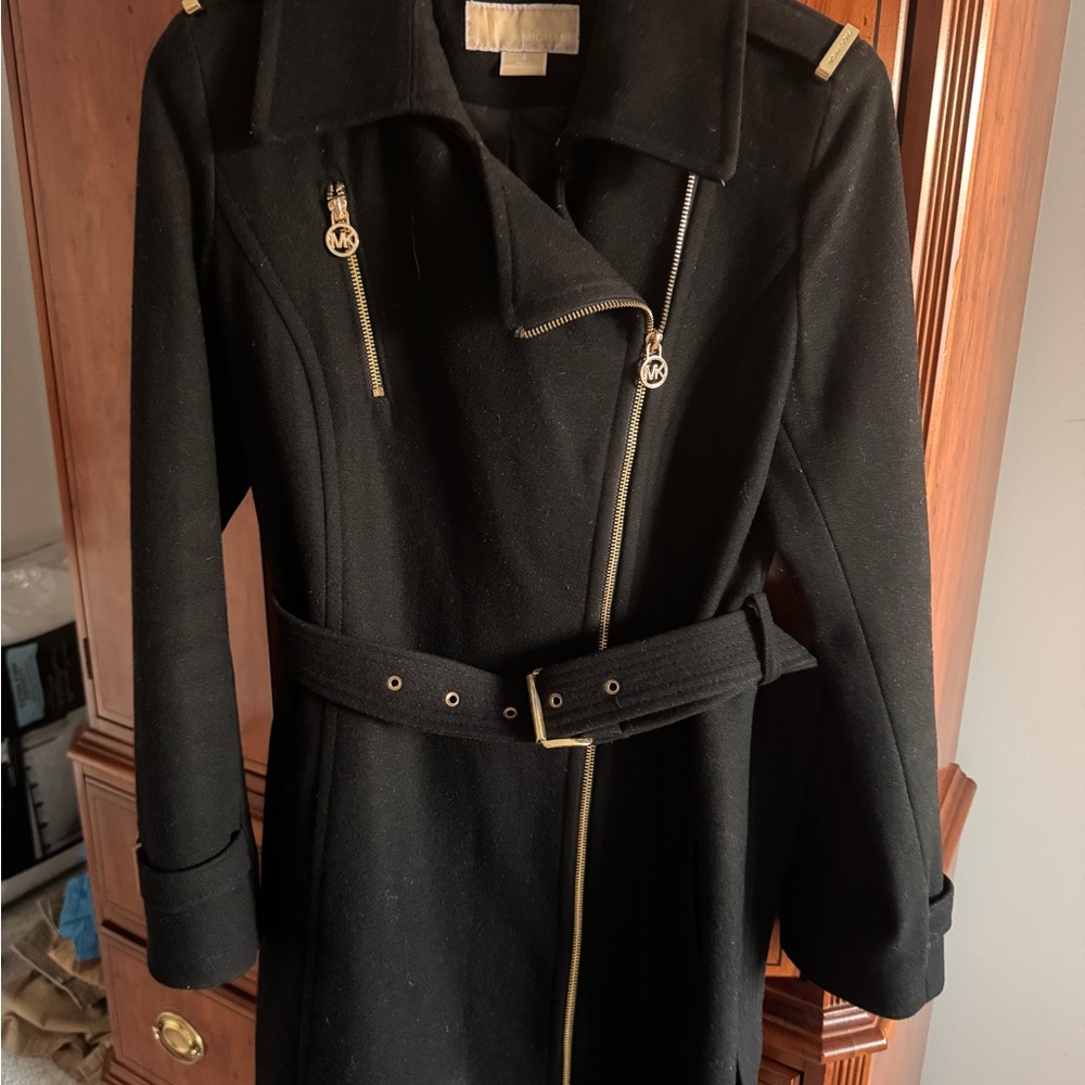 Michael Kors Black Trench Coat with Gold Accents